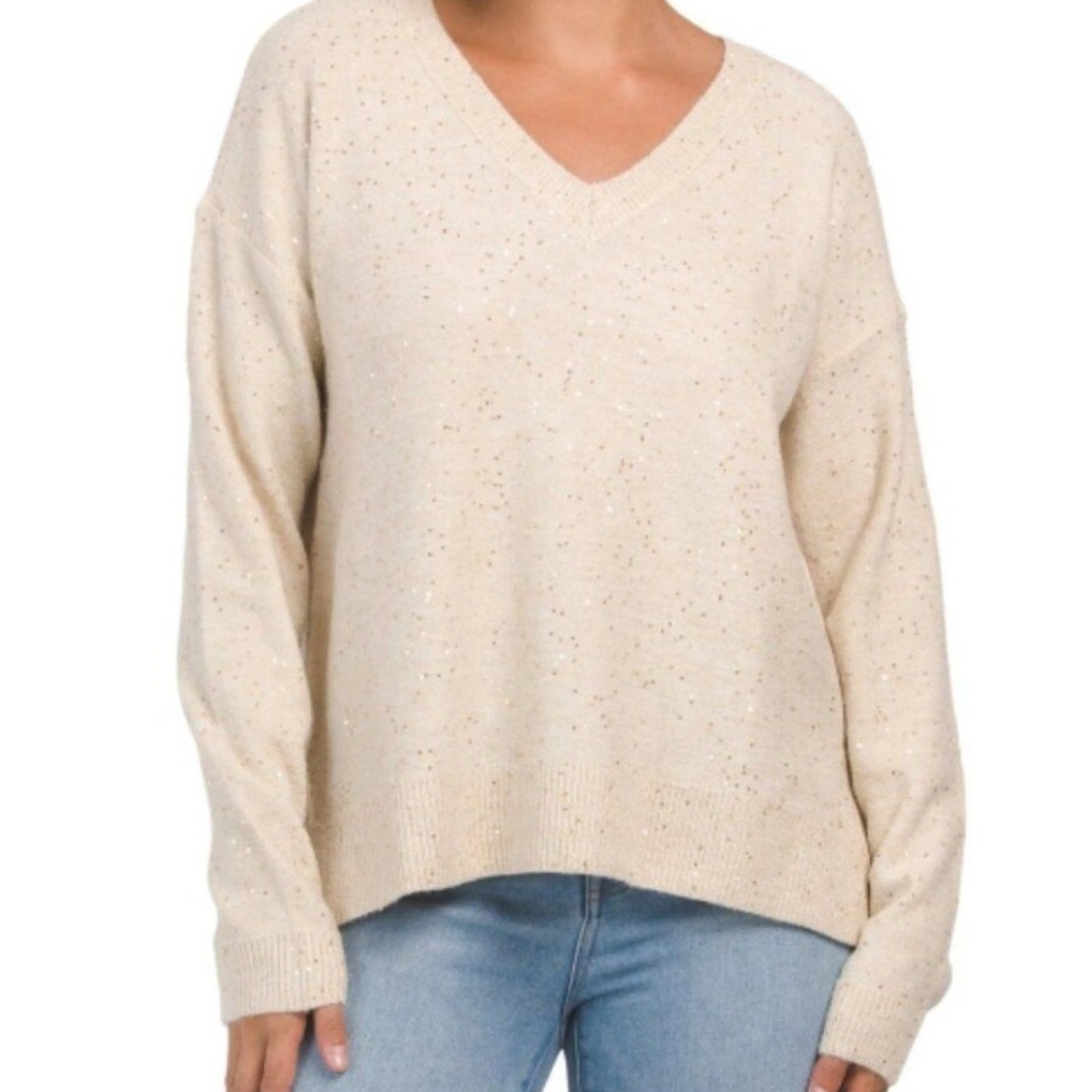 NWT LUCKY BRAND Sequin V-neck Tunic Sweater Khaki